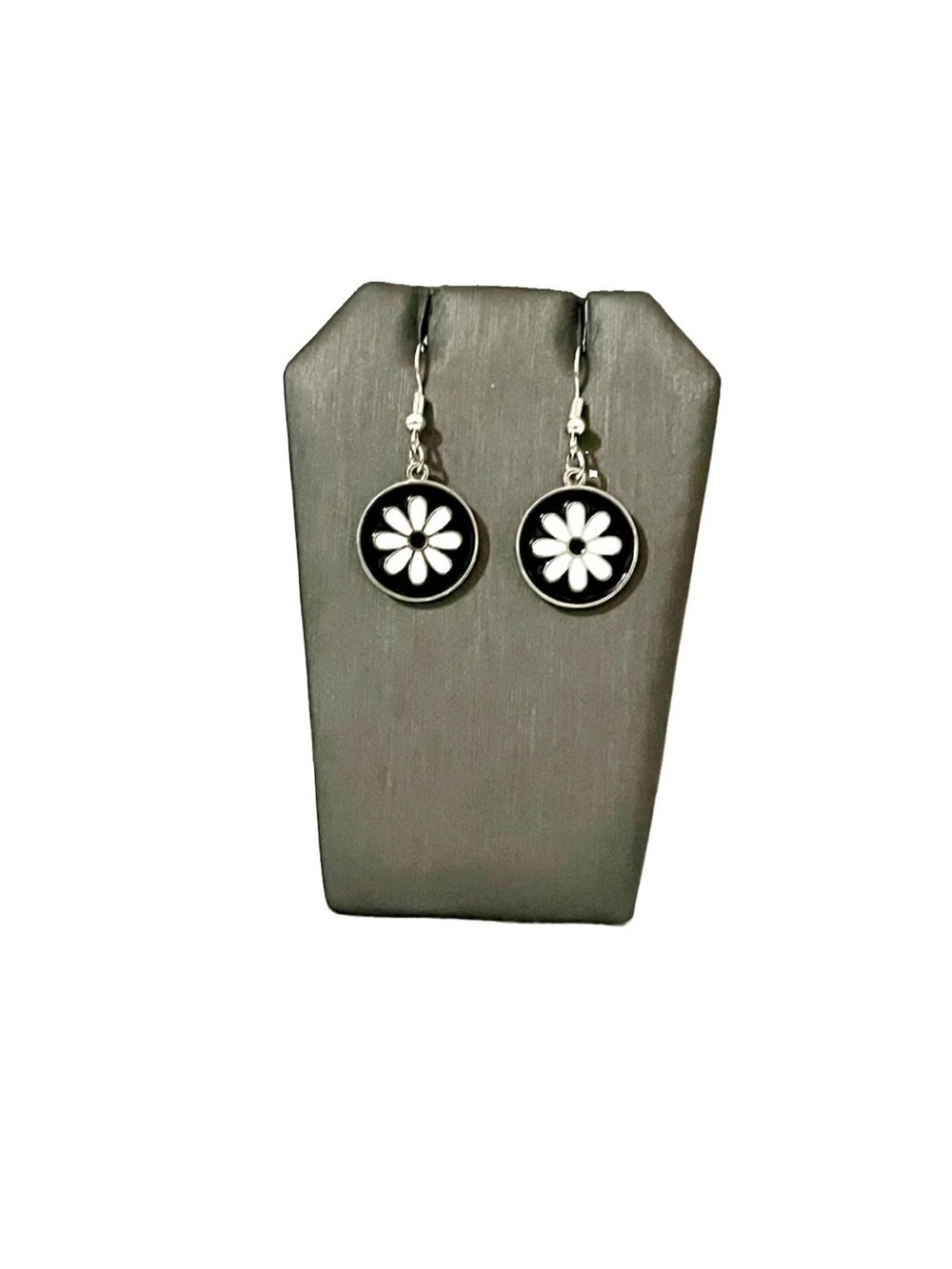 White Daisy Black Enamel Dangle Earrings Silver Tone Round Flower Drops Hippie